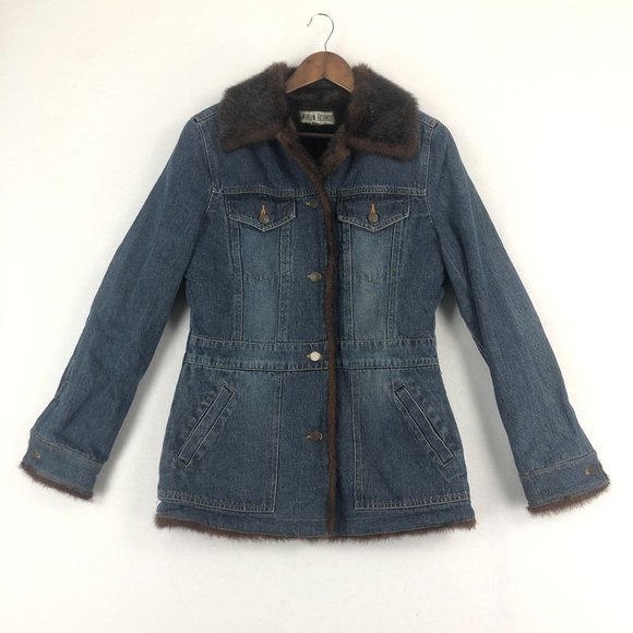 Marvin Richards Women's Size Small Blue Denim Brown Faux Fur Trim Jean Jacket - Picture 1 of 11